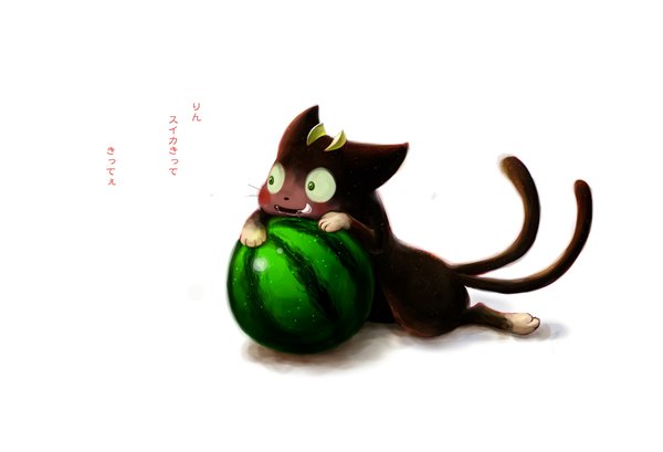 Anime picture 2093x1430 with ao no exorcist a-1 pictures kuro (ao no exorcist) highres white background green eyes horn (horns) demon animal food cat berry (berries) watermelon