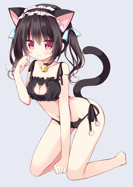 Anime picture 2227x3127 with original hoshi (snacherubi) single long hair tall image looking at viewer blush fringe highres breasts light erotic black hair simple background hair between eyes twintails bare shoulders animal ears payot full body bent knee (knees)