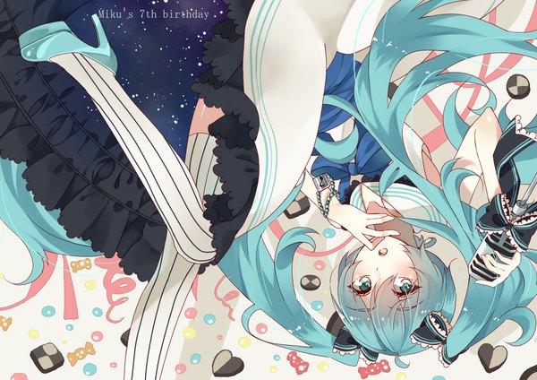 Anime picture 1753x1240 with vocaloid hatsune miku izumi4195202 single long hair looking at viewer highres open mouth twintails very long hair aqua eyes aqua hair high heels striped hand to mouth upside down sailor collar starry sky print checkerboard cookie girl
