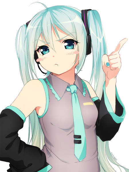 Anime picture 768x1024 with vocaloid hatsune miku eventh7 single long hair tall image looking at viewer blush white background twintails aqua eyes aqua hair girl detached sleeves necktie headphones