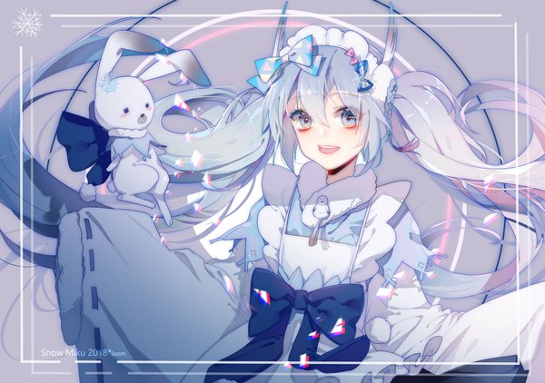 Anime picture 1913x1346 with vocaloid hatsune miku yuki miku rabbit yukine yuki miku (2018) zhibuji loom single looking at viewer fringe highres open mouth hair between eyes twintails silver hair very long hair traditional clothes japanese clothes character names border silver eyes