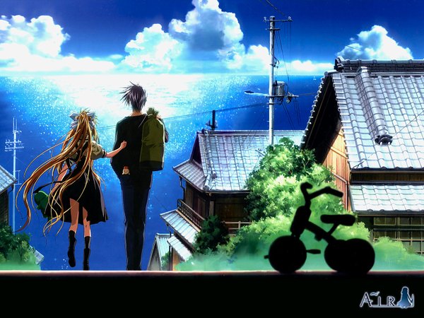 Anime picture 1600x1200 with air key (studio) kamio misuzu kunisaki yukito long hair highres blonde hair sky girl sea