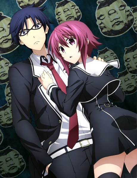 Anime picture 3142x4097 with chaos;child onoe serika tall image highres short hair black hair purple eyes absurdres purple hair official art couple girl thighhighs boy uniform black thighhighs school uniform glasses necktie