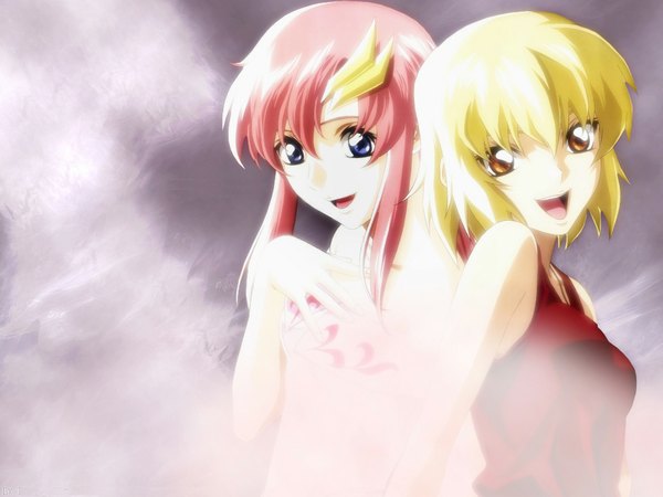 Anime picture 1024x768 with gundam seed lacus clyne cagalli yula athha yoneyama kouhei long hair looking at viewer fringe short hair open mouth blonde hair smile hair between eyes purple eyes multiple girls pink hair upper body :d orange eyes third-party edit girl