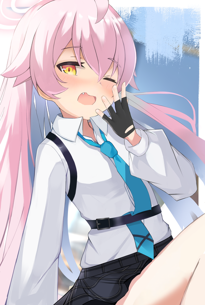 Anime picture 1490x2211 with blue archive hoshino (blue archive) darudana single long hair tall image looking at viewer blush fringe open mouth hair between eyes yellow eyes pink hair ahoge one eye closed multicolored hair fang (fangs) colored inner hair hand to mouth yawn