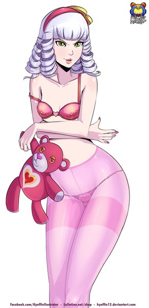 Anime picture 727x1500 with league of legends annie (league of legends) tibbers (league of legends) kyoffie12 tall image blush short hair light erotic simple background white background green eyes silver hair lips girl underwear panties pantyhose lingerie bra toy