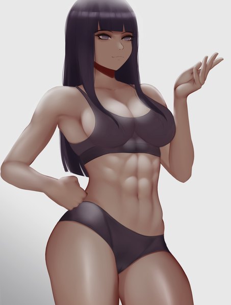 Anime picture 2666x3531 with naruto studio pierrot naruto (series) hyuuga hinata zaki (zaki btw) single long hair tall image fringe highres breasts light erotic black hair simple background standing looking away cleavage blunt bangs arm up hand on hip