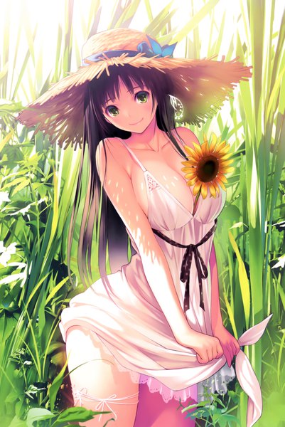Anime picture 2887x4320 with original mana kakkowarai single long hair tall image looking at viewer blush fringe highres breasts light erotic black hair smile large breasts standing bare shoulders green eyes head tilt sunlight no bra