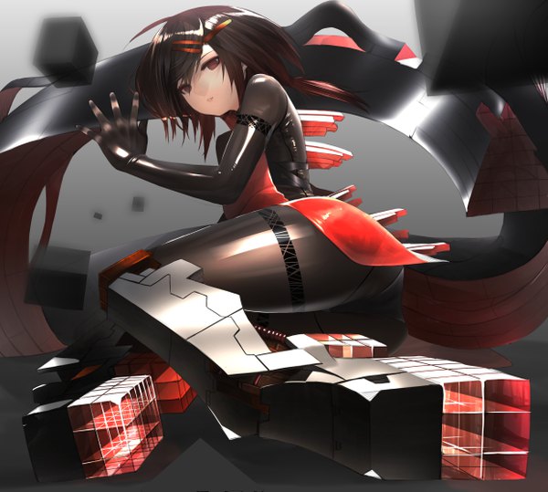Anime picture 4958x4459 with original savan single long hair looking at viewer highres light erotic simple background brown hair twintails brown eyes absurdres full body ahoge parted lips low twintails reclining mecha musume girl hairclip