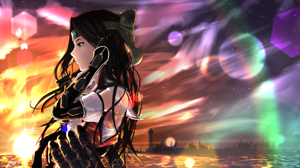Anime picture 1920x1080 with kantai collection jintsuu light cruiser noica single long hair highres brown hair wide image bare shoulders brown eyes looking away profile sunlight city adjusting hair cityscape sunbeam city lights girl gloves