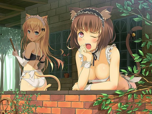 Anime picture 1280x960 with supertie long hair short hair open mouth light erotic blonde hair brown hair multiple girls animal ears tail animal tail one eye closed looking back wink from behind maid cat girl yawn girl underwear