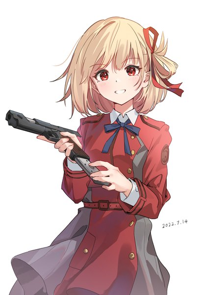 Anime picture 1488x2105 with lycoris recoil nishikigi chisato qianduan mozhi single tall image looking at viewer short hair simple background blonde hair smile red eyes white background grin dated girl uniform ribbon (ribbons) weapon hair ribbon gun