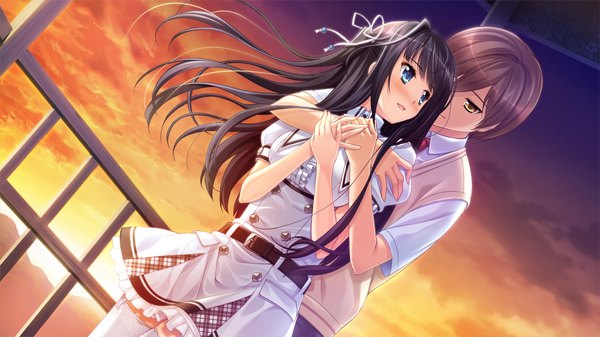 Anime picture 1280x720 with natsu no iro no nostalgia moonstone manazuru misaki yamakaze ran long hair blush short hair open mouth blue eyes black hair brown hair wide image brown eyes game cg couple hug evening sunset girl thighhighs