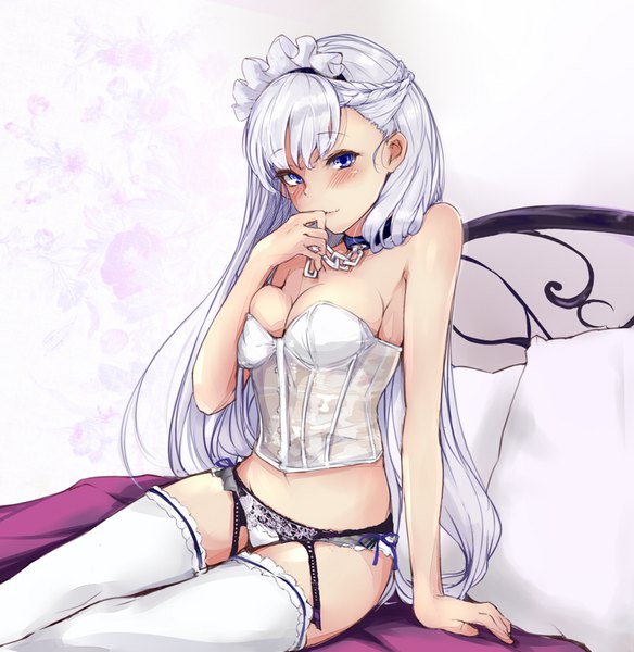 Anime picture 800x822 with azur lane belfast (azur lane) rizzl single long hair tall image blush fringe breasts light erotic large breasts sitting purple eyes holding looking away cleavage silver hair arm support underwear only hand to mouth