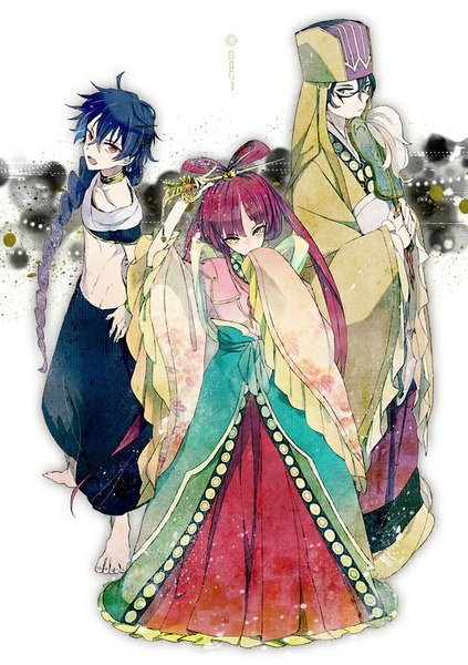 Anime picture 634x900 with magi the labyrinth of magic a-1 pictures judal ren kougyoku ka koubun hou (ppo) tall image looking at viewer fringe short hair open mouth black hair red eyes yellow eyes red hair braid (braids) very long hair traditional clothes barefoot black eyes