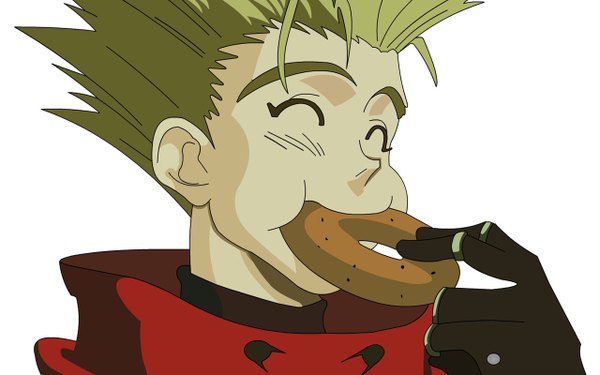 Anime picture 1280x800 with trigun vash the stampede single short hair blonde hair wide image white background eyes closed close-up boy gloves food doughnut