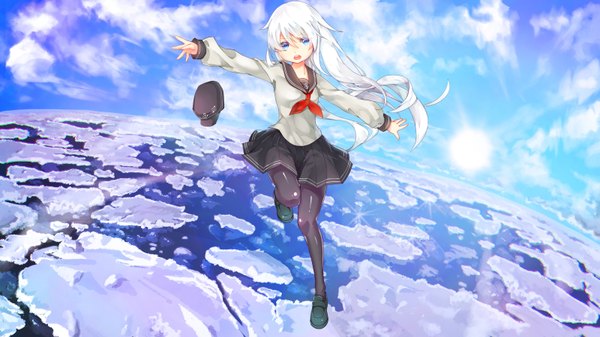 Anime picture 3200x1800 with kantai collection hibiki destroyer nonomaro single long hair looking at viewer highres open mouth blue eyes wide image sky cloud (clouds) white hair pleated skirt spread arms horizon hat removed midair girl skirt