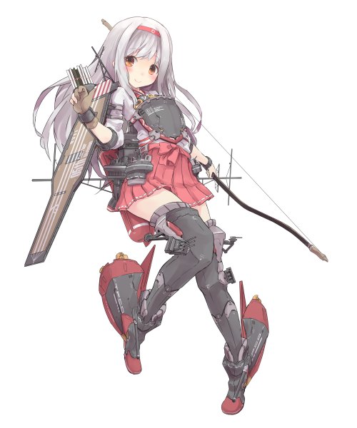 Anime picture 1000x1200 with kantai collection shoukaku aircraft carrier nanashina (artist) single long hair tall image looking at viewer blush fringe simple background smile white background silver hair orange eyes girl weapon armor thigh boots single glove bow (weapon)