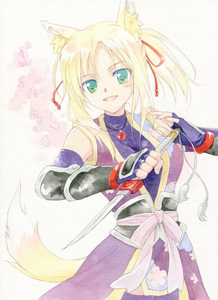 Anime picture 700x963 with dog days yukikaze panettone agahari single long hair tall image looking at viewer blush open mouth simple background blonde hair white background green eyes animal ears ponytail tail animal tail fox ears fox tail fox girl