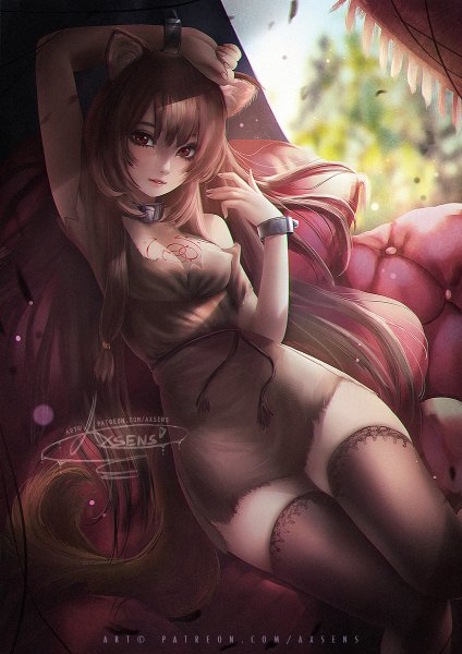 Anime picture 848x1200 with tate no yuusha no nariagari kinema citrus raphtalia axsen single long hair tall image looking at viewer blush fringe light erotic hair between eyes brown hair sitting bare shoulders brown eyes signed animal ears tail parted lips