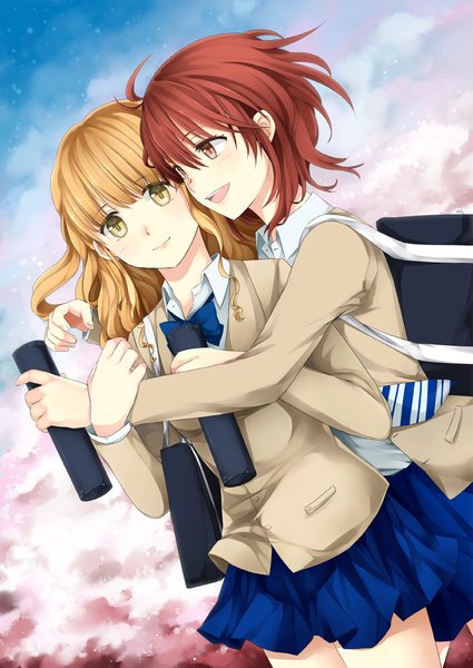 Anime picture 708x1000 with blue friend (manga) kurihara ayumu tsukishima misuzu ninamo long hair tall image blush short hair open mouth blonde hair smile brown hair multiple girls brown eyes yellow eyes sky cloud (clouds) pleated skirt hug shoujo ai