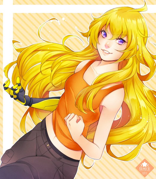 Anime picture 1800x2061 with rwby rooster teeth yang xiao long faeyune single long hair tall image looking at viewer highres blonde hair purple eyes ahoge outline girl pants tank top prosthesis