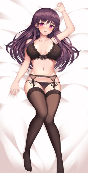 Anime picture 1500x2945 with saki shimizudani ryuuka luc (kor) single long hair tall image looking at viewer blush fringe breasts open mouth light erotic hair between eyes brown hair large breasts lying pink eyes arm up from above on back