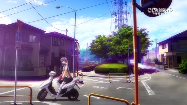 Anime picture 1920x1080 with clannad key (studio) fujibayashi kyou long hair highres wide image purple eyes sky purple hair cloud (clouds) city girl thighhighs uniform school uniform white thighhighs serafuku wire (wires) motorcycle