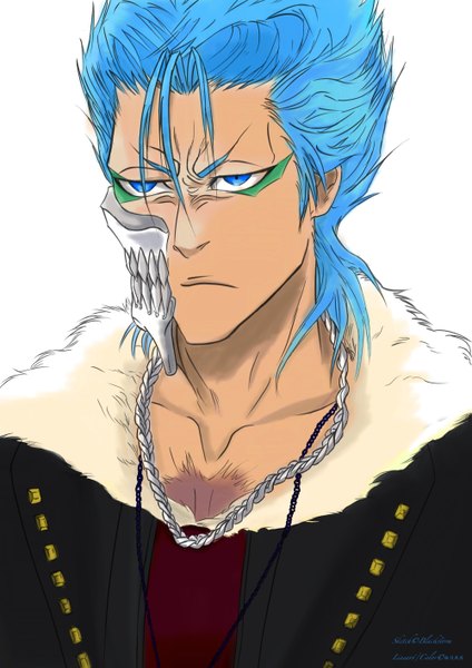 Anime picture 2000x2833 with bleach studio pierrot grimmjow jeagerjaques tall image highres short hair blue eyes simple background white background blue hair looking away espada boy chain mask
