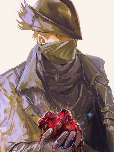 Anime picture 900x1201 with bloodborne from software hunter (bloodborne) guri otoko single tall image short hair simple background brown hair white background holding looking away upper body covered mouth empty eyes boy gloves hat coat