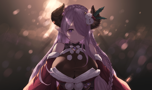 Anime picture 5906x3543 with granblue fantasy narmaya (granblue fantasy) cait single long hair looking at viewer fringe highres breasts light erotic simple background smile wide image large breasts purple eyes bare shoulders absurdres purple hair upper body braid (braids)