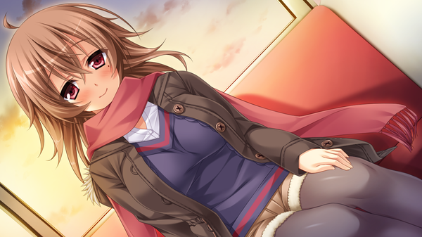 Anime picture 1280x720 with angenehm platz nana natsuki single long hair looking at viewer blush fringe breasts smile hair between eyes red eyes brown hair wide image large breasts sitting game cg ahoge mole dutch angle fur trim