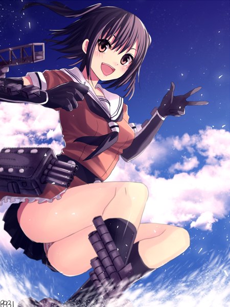 Anime picture 600x800 with kantai collection sendai light cruiser hakusai ponzu 8931ponzu single tall image blush short hair open mouth light erotic black hair brown eyes signed sky cloud (clouds) two side up girl gloves uniform weapon