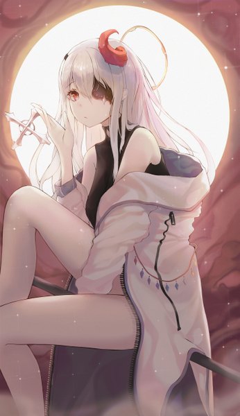 Anime picture 2841x4920 with original ita (itta) single long hair tall image looking at viewer fringe highres breasts hair between eyes red eyes sitting bare shoulders payot bent knee (knees) white hair horn (horns) off shoulder open jacket bare legs