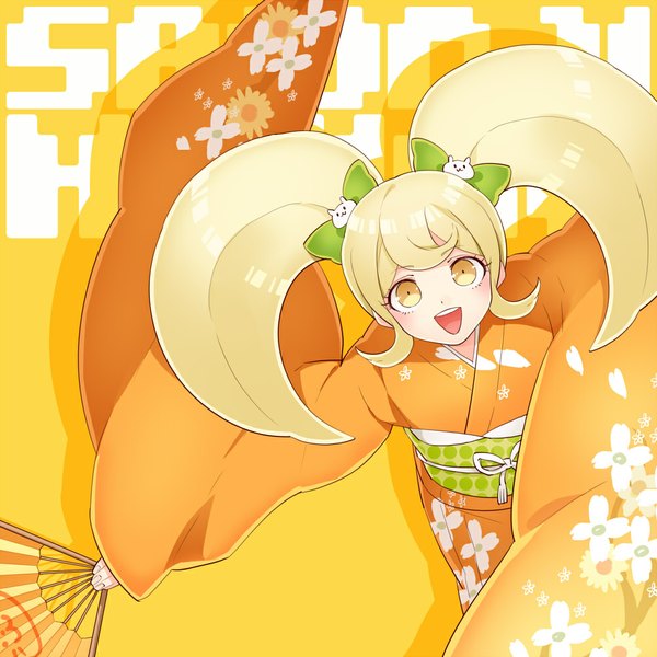 Anime picture 1000x1000 with dangan ronpa super dangan ronpa 2 saionji hiyoko gum (gmng) single long hair looking at viewer blush open mouth blonde hair twintails yellow eyes traditional clothes japanese clothes wide sleeves character names floral print girl bow hair bow