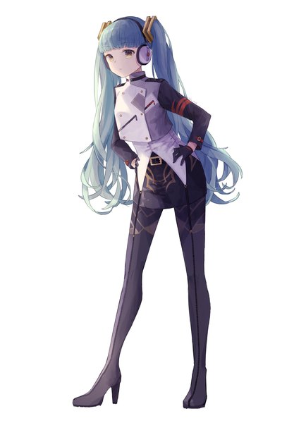 Anime picture 2816x3891 with project diva vocaloid unhappy refrain (vocaloid) hatsune miku haruta (user dndp3458) single long hair tall image fringe highres simple background white background twintails yellow eyes blue hair looking away full body blunt bangs high heels hands on hips