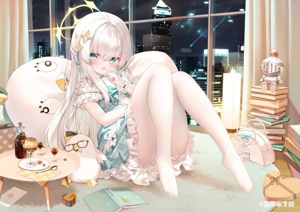 Anime picture 3541x2508 with original chen bin single long hair looking at viewer blush fringe highres open mouth blue eyes light erotic smile hair between eyes sitting bare shoulders absurdres silver hair full body bent knee (knees) indoors