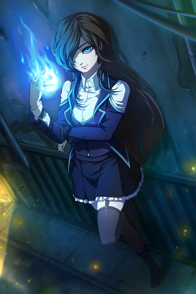 Anime picture 700x1050 with zenithomocha single long hair tall image looking at viewer fringe blue eyes black hair smile bent knee (knees) outdoors from above lips hair over one eye zettai ryouiki magic eyebrows girl thighhighs insect