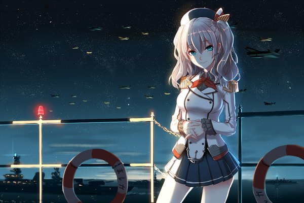 Anime picture 1800x1200 with kantai collection kashima training cruiser phantania single long hair looking at viewer highres blue eyes white hair night girl skirt miniskirt sailor suit aircraft epaulettes airplane anchor