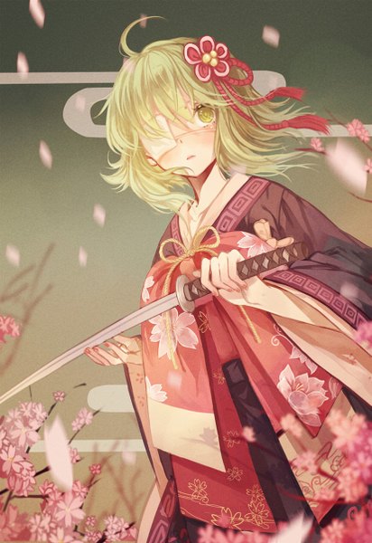 Anime picture 827x1204 with vocaloid gumi koyuiko single tall image holding looking away traditional clothes japanese clothes aqua eyes aqua hair cherry blossoms girl hair ornament flower (flowers) weapon plant (plants) petals sword tree (trees)