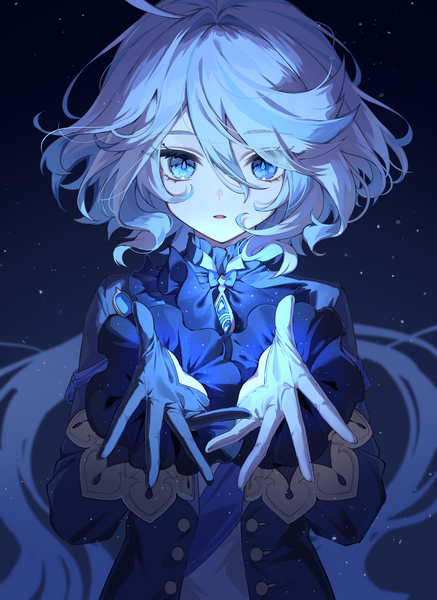 Anime picture 2220x3047 with genshin impact furina (genshin impact) mochizuki mochi single long hair tall image looking at viewer fringe highres blue eyes hair between eyes silver hair upper body black background outstretched hand girl gloves black gloves white gloves mismatched gloves