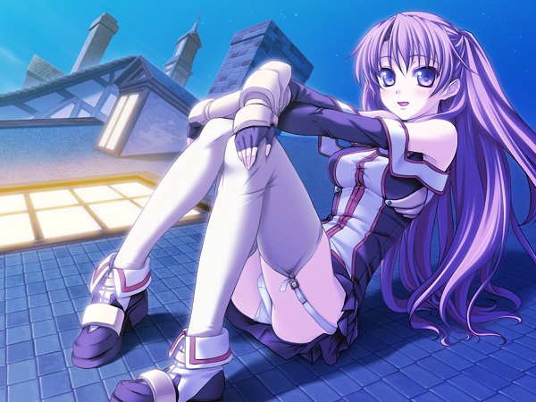 イラスト 1200x900 と 魔王と踊れ！2 長髪 赤面 light erotic 紫目 game cg purple hair night pantyshot sitting ストッキング 下着 パンティー roof