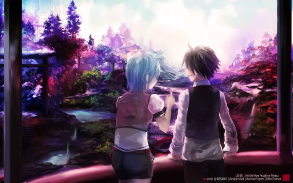 Anime picture 2560x1600 with original highres short hair brown hair wide image blue hair sky couple mountain landscape scenic waterfall girl boy plant (plants) shirt tree (trees) water shorts balcony