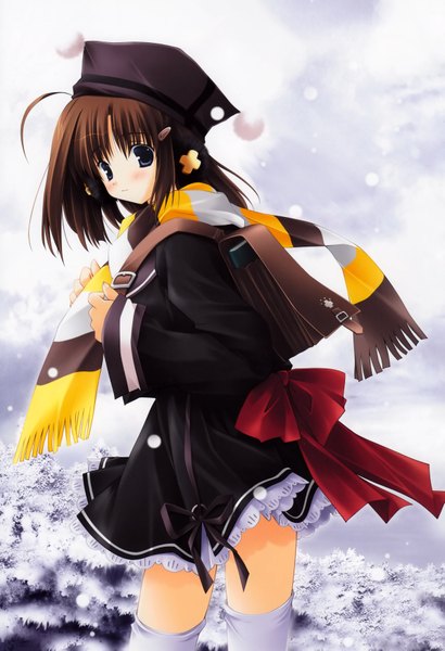 Anime picture 2387x3489 with ikegami akane single tall image highres short hair blue eyes brown hair girl bow hat serafuku scarf bag