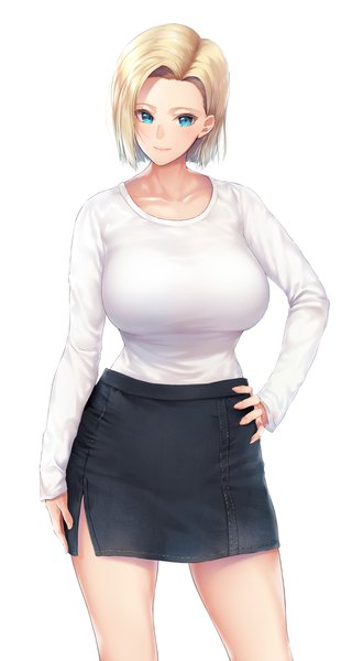 Anime picture 2358x4414 with dragon ball dragon ball z android 18 khanka shui single tall image looking at viewer blush fringe highres short hair breasts blue eyes light erotic simple background blonde hair smile large breasts standing white background