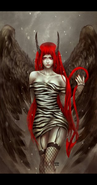 Anime picture 900x1710 with nanfe single long hair tall image looking at viewer fringe open mouth light erotic bare shoulders signed cleavage red hair tail nail polish pink eyes horn (horns) lips realistic grey background teeth