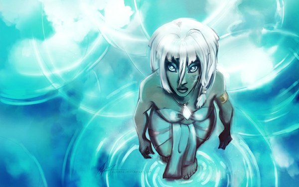 Anime picture 1024x640 with atlantis: the lost empire disney kidagakash nedakh alicexz single long hair wide image standing bare shoulders white hair barefoot dark skin looking up girl jewelry necklace