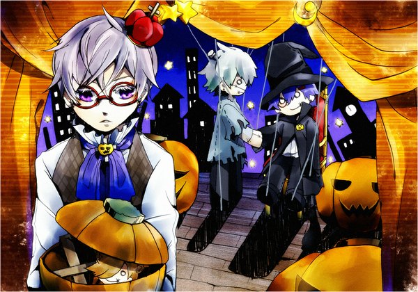 Anime picture 1052x737 with original nouka yura short hair purple eyes white hair night shadow city group halloween shirt glasses necktie star (symbol) building (buildings) curtains witch hat crown vegetables jack-o'-lantern