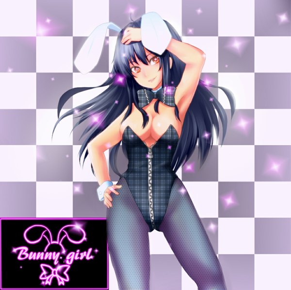 Anime picture 1000x999 with original ryusuke1234 single long hair breasts light erotic black hair smile red eyes bunny ears bunny girl checkered background girl bowtie bunnysuit