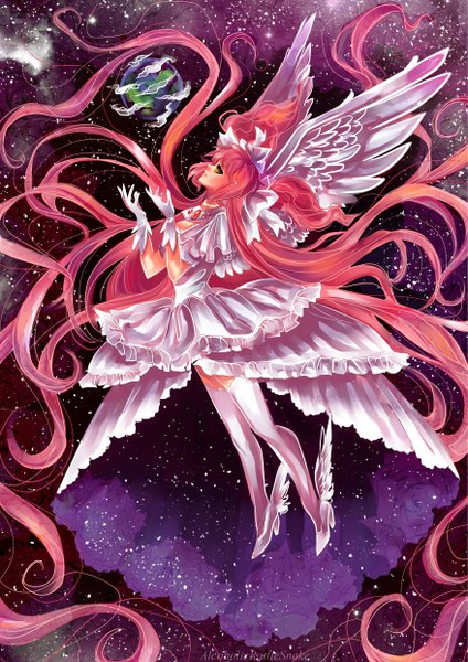 Anime picture 1754x2480 with mahou shoujo madoka magica shaft (studio) kaname madoka goddess madoka alcoholicrattlesnake single long hair tall image highres twintails yellow eyes pink hair very long hair profile looking up white wings space starry sky print girl thighhighs